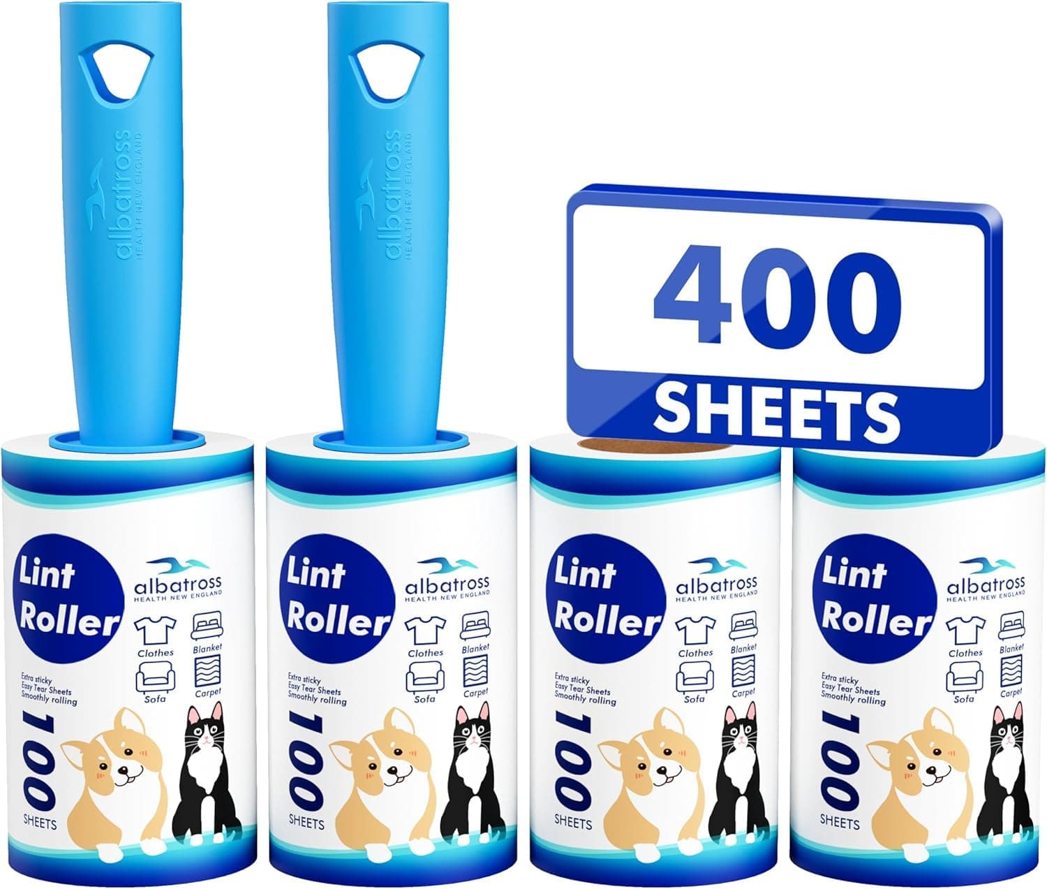 Fusselrolle Tierhaare Ultra Klebrig - 2 Griffe + 4 Rollen 400 Züge, Wiederverwendbarer Fusselroller für Haustierhaare Katze Hund auf Kleidung Möbel Teppiche 400 Sheets Angebot bei HelloDeals