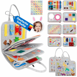 JHkim Montessori Busy Board Deutsch, Kinder Spielzeug ab 1 2 3 4 Jahre, Activity Board Busy Book, Geschenke für Junge Mädchen, Kinder Sensorik Lernspielzeug, Motorikbrett für Reise Auto Flugzeug, Grau Angebot bei HelloDeals