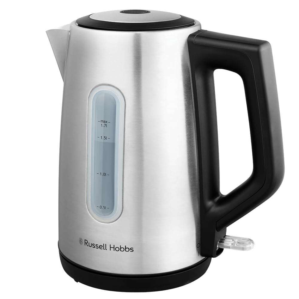 Russell Hobbs Wasserkocher (für heißes Wasser, Tee oder Kaffee, 1,7l Kapazität,Edelstahl,Perfect-Pour-Ausgusstülle,herausnehmbarer&waschbarer Kalkfilter,blau leuchtende Anzeige, 2400W) Heaton 27380-70 Angebot bei HelloDeals