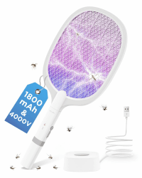 Elektrische Fliegenklatsche, 4000V Insektenvernichter mit UV Mückenfalle, Elektro Fliegenfalle mit 1800 mAh Akku Aufladbar und Ladebasis, Fliegenfänger Stark für Mücken, Fliegen, Wespe, Motten Angebot bei HelloDeals