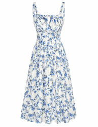 SCARLET DARKNESS Sommerkleid Damen Spaghetti Lange Boho Kleid Vintage Milkmaid Country Kleid M Weiß-dunkelblau Blumen Angebot bei HelloDeals