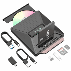 SUIDEK Externes CD DVD Laufwerk, tragbarer CD DVD Treiber +/-RW-Brenner mit 2,5 "SATA, SD-Kartenleser und USB A Typ-C-2.0 Hub, kompatibel mit Laptop PC Dunkelschwarz Angebot bei HelloDeals