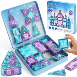 burgkidz Magnetische Bausteine Reisespielzeug für Mädchen, 42 Teile Eisprinzessin Magnetische Tiles in Metallbox - 60 Min Ruhe 30s Aufräumen - Auto Zug Flugzeug Geschenk 3 4 5 6 7 8 Jahre Angebot bei HelloDeals