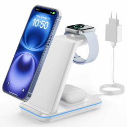 GEEKERA Wireless Charger, 3 in 1 Induktive Ladestation für iPhone Air/17/16/15/14/13/12/11/Pro Max, Ladestation für Apple Watch Ultra 3-1/11-2/SE, Kabelloses Ladegerät für AirPods Pro 3-2/4-2, Weiß Angebot bei HelloDeals
