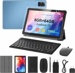 Tablet 10 Zoll Android 15: 2026 Neueste 7000mAh Octa-Core 8GB RAM+64GB 1TB TF Tablet PC WiFi 6 2.4G/5G Bluetooth 5.0 1280 * 800 FHD GMS Dual Kamera mit Tastatur Maus, Typ C, Adapter, Hülle, OTG, Stift Angebot bei HelloDeals
