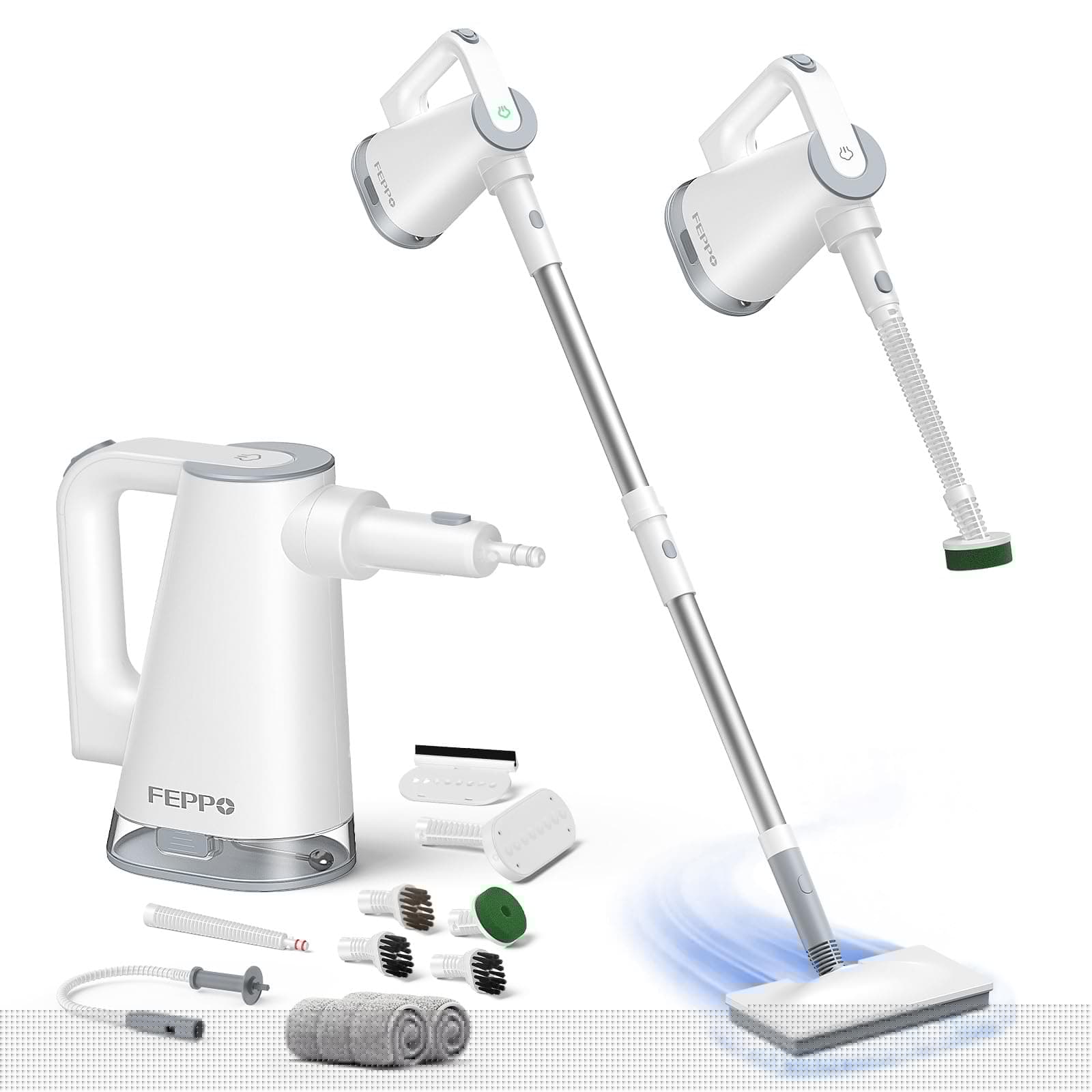FEPPO Dampfreiniger 10-in-1 mit abnehmbarem Handdampfreinigerad | 15 s Aufheizzeit, 230°F Heißdampf, als Dampfmop mit Zubehör & 2 Pads, für Böden, Parkett, Fliesen, Fugen, Teppich, Küche Weiß Angebot bei HelloDeals