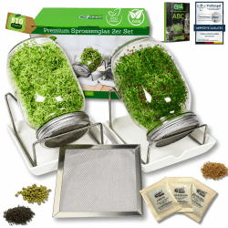 Green SEEDS® [Das Original Sprossenglas 2er Set + KRESSESIEB mit hochwertigem Edelstahl-Gitterdeckel, Ständer, Keramikschale + Sprossen-ABC [Druckversion] Keimglas Anzuchtset Angebot bei HelloDeals