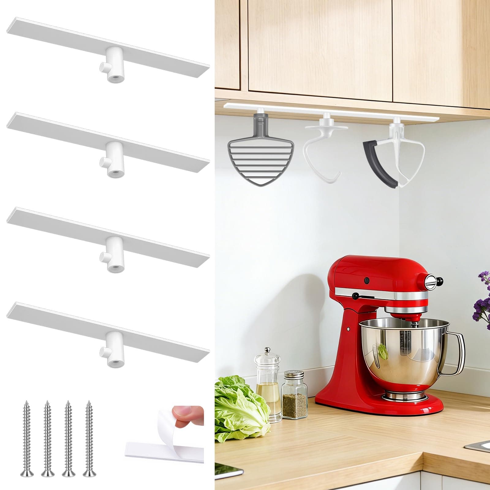 SelfTek Standmixer Halter für Kitchenaid Zubehör - 4 Stück Standmixer Accessories Haken Kompatibel mit Kitchen Aid Zubehör, für Lagerung Organisieren Ihre Kitchen Aid Attachments, Weiß Angebot bei HelloDeals