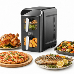 Heißluftfritteuse 2 Kammern übereinander 11L, platzsparende vertikale Doppelkammer, 2×5,5L Airfryer mit Sichtfenster, SYNC & DUAL, 9 Programme, 2460W, spülmaschinengeeignete Körbe Angebot bei HelloDeals