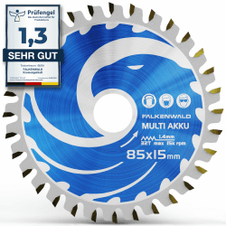 FALKENWALD ® Akku Sägeblatt 85x15 mm - Ideal für Holz, Metall & Alu - Kompatibel mit Bosch GKS 12v-26 & Makita Mini Handkreissäge - Universal Saegeblatt 85 x 15 aus hochwertigem Hartmetall Ø 85x15 mm - Multi Akku Multi - Feinschnitt Akku Angebot bei HelloDeals