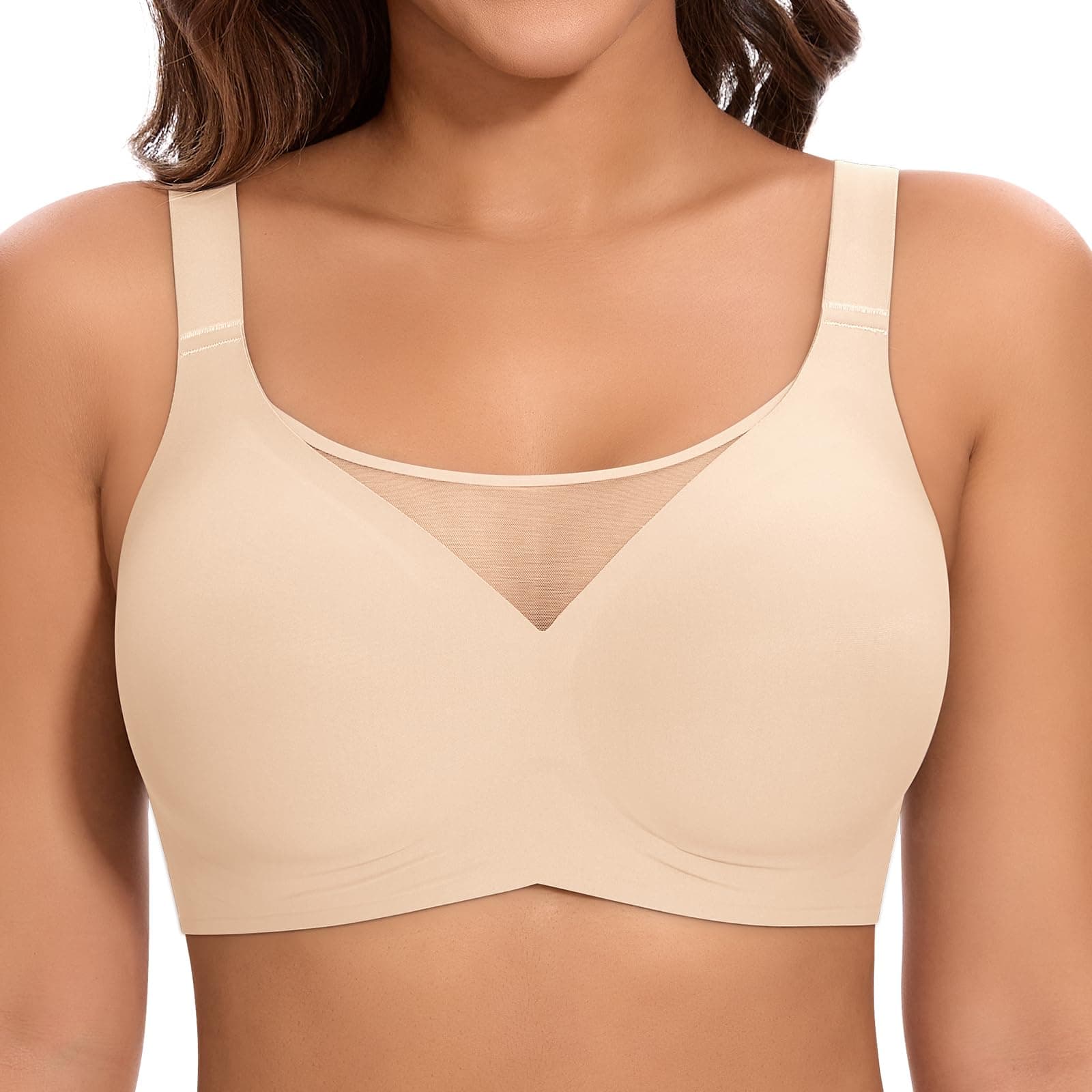 Jiuday BH Damen ohne Bügel Große Brüste Starker Halt Soft Jelly Bra Bügelloser Push Up Seitenträger BH Nahtloser Bequem T Shirt Gepolstert Mesh Bralette Beige XXL Angebot bei HelloDeals