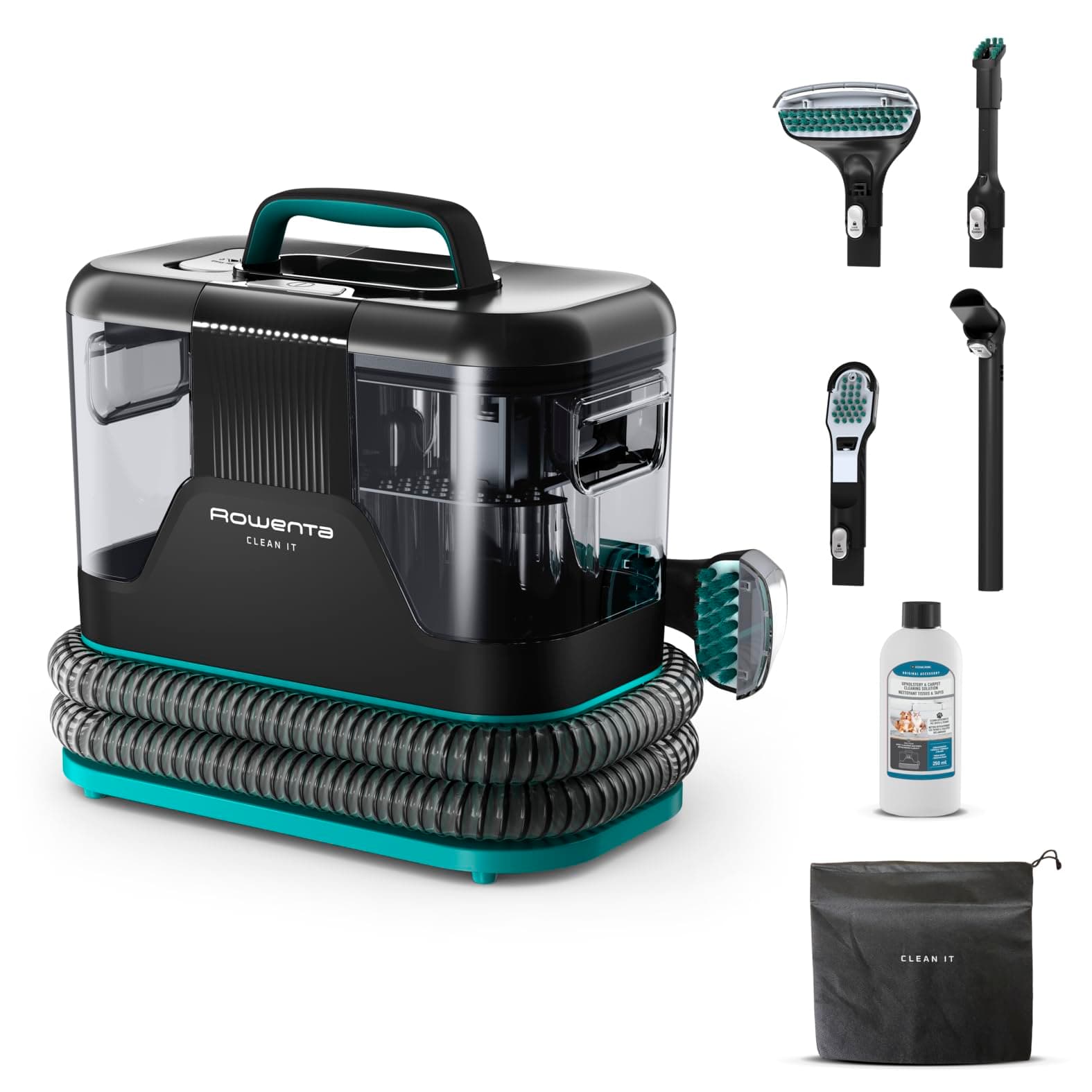Rowenta Clean It Fleckenreiniger, tragbarer Teppichreiniger, schnelle und einfache Reinigung, abnehmbarer 2.3-Liter-Tank, wechselbare Reinigungsköpfe, 750 Watt, Grün, Schwarz, IN5020F0 750W + 5 Aufsätze Angebot bei HelloDeals