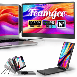 Teamgee Laptop Monitor erweiterung, 14" FHD 1080P IPS Portable Monitor für Laptop, Eingebauter Stand/Lautsprecher, Dual Screen für 13“-17“ Laptops, Plug & Play Geeignet für Mac, Wins, Android Dual 14 inches Angebot bei HelloDeals