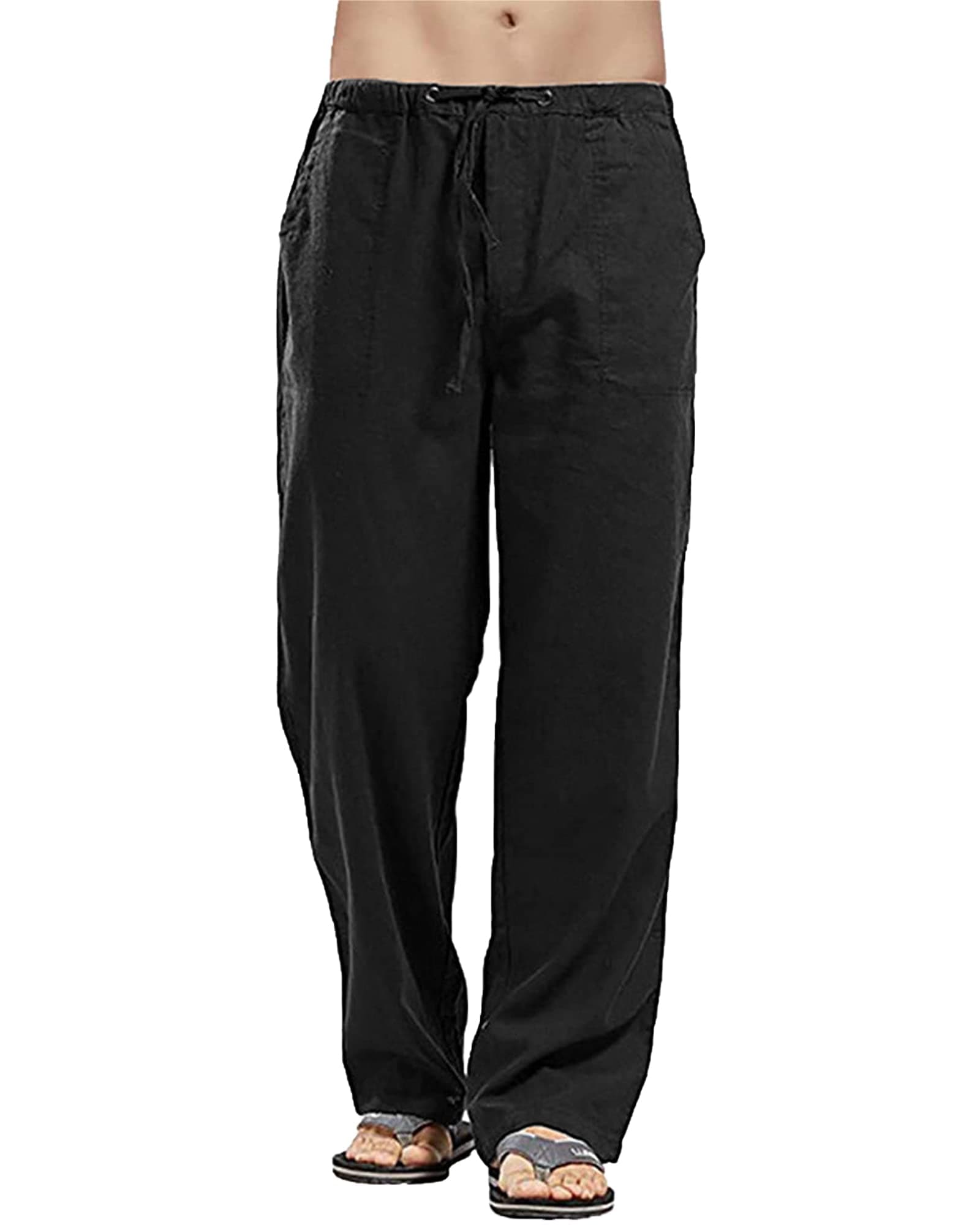 YAOHUOLE Herren-Hosen Leinenhose Herren Lang Sommerhose Herren mit Taschen Elastischer Bund L Schwarz Angebot bei HelloDeals