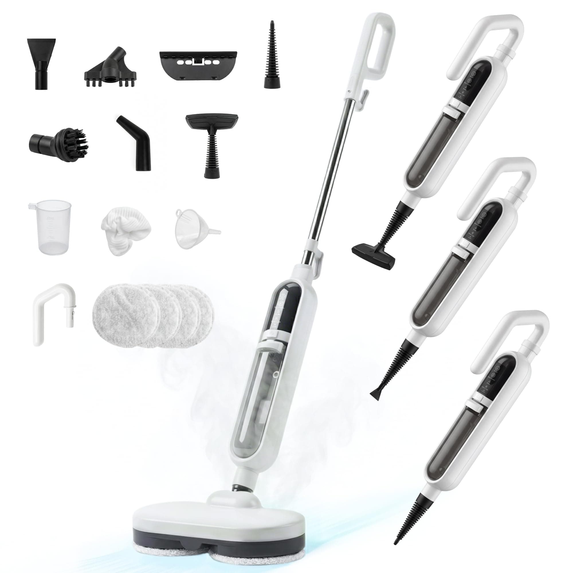 Livatro Dampfreiniger für Hartböden mit rotierendem Wischkopf | 1300 W, Dampf in ca. 30 s, 500-ml-Tank, 15 Zubehörteile, 5-m-Kabel und 4 waschbare Pads Weiss Angebot bei HelloDeals