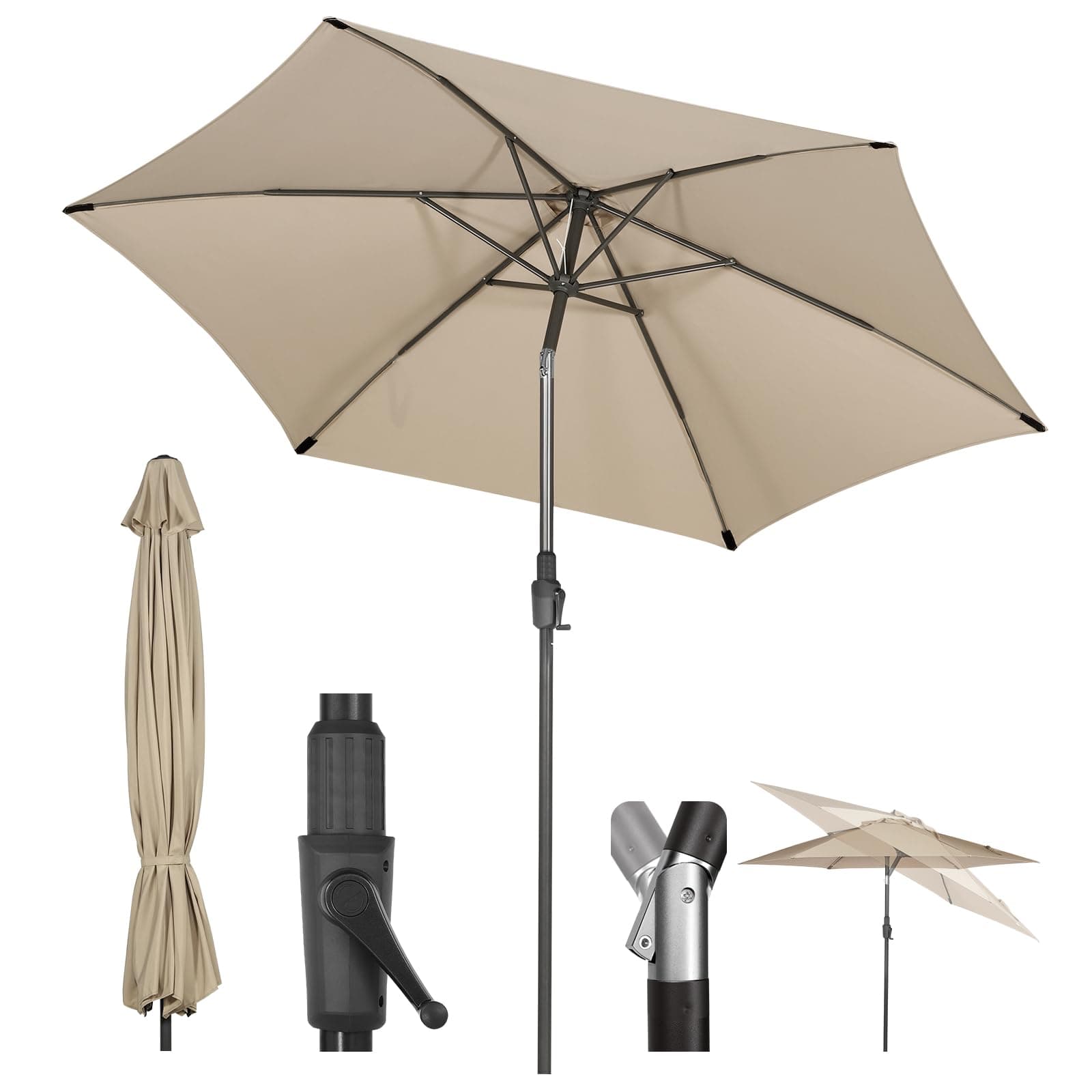 Sekey 270cm Sonnenschirmmit Kurbel und Auto Kippen,Marktschirm für Terrasse，Balkon & Garten,Windfest Stabil UPF 50+,Taupe,Rund Taupe 270 cm Angebot bei HelloDeals