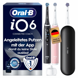 Oral-B iO Series 6 Elektrische Zahnbürste, Doppelpack, Schwarz/Rosa | Inkl. 3 Aufsteckbürsten, Reise-Etui, Electric Toothbrush mit 5 Putzmodi für Zahnpflege Black Lava/ Pink Sand Etui schwarz 2 Bürsten + 3 Köpfe Angebot bei HelloDeals