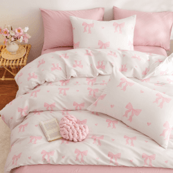 Freyamy Schleife Bettwäsche 135x200 Mädchen Beige Rosa Herz Schleifen Bettwäsche Set Aesthetic Microfaser ÖKO-TEX Bettbezug 1 Deckenbezug mit Reißverschluss und 1 Kissenbezug 80x80cm Beige Rosa 2teilig：135x200cm+80x80cm Angebot bei HelloDeals