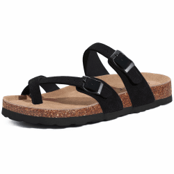 Litfun Damen Wildleder Pantoletten Sandale mit Korkfußbett, Sommer Zehentrenner Sandale mit verstellbarer Schnalle Schwarz 37 EU Angebot bei HelloDeals