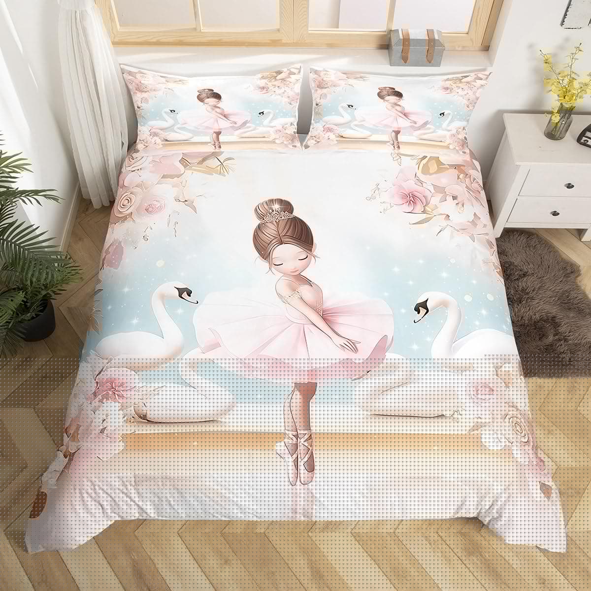 Homewish Rosa Ballerina Design Bettwäscheset 135x200cm Tanzballett bettbezug für Kinder Jungen Mädchen Teenager Erwachsene,Niedliche Kleine Tänzer Bettwäsche Schwan Rose Ballett Thema bettset Rosa Gelb Weiß 135*200+80*80*1 Angebot bei HelloDeals