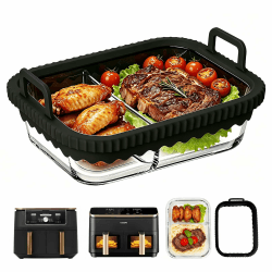Glas Auflaufform Airfryer für Ninja Heißluftfritteuse AF400EU/DZ400EU/AF500EU/COSORI Heißluftfritteuse 2 Kammern, mit Silikongriffen, BPA-frei, Herausnehmbarer Silikonring, Spülmaschinenfest Schwarz – Zweiteiliges Raster Angebot bei HelloDeals