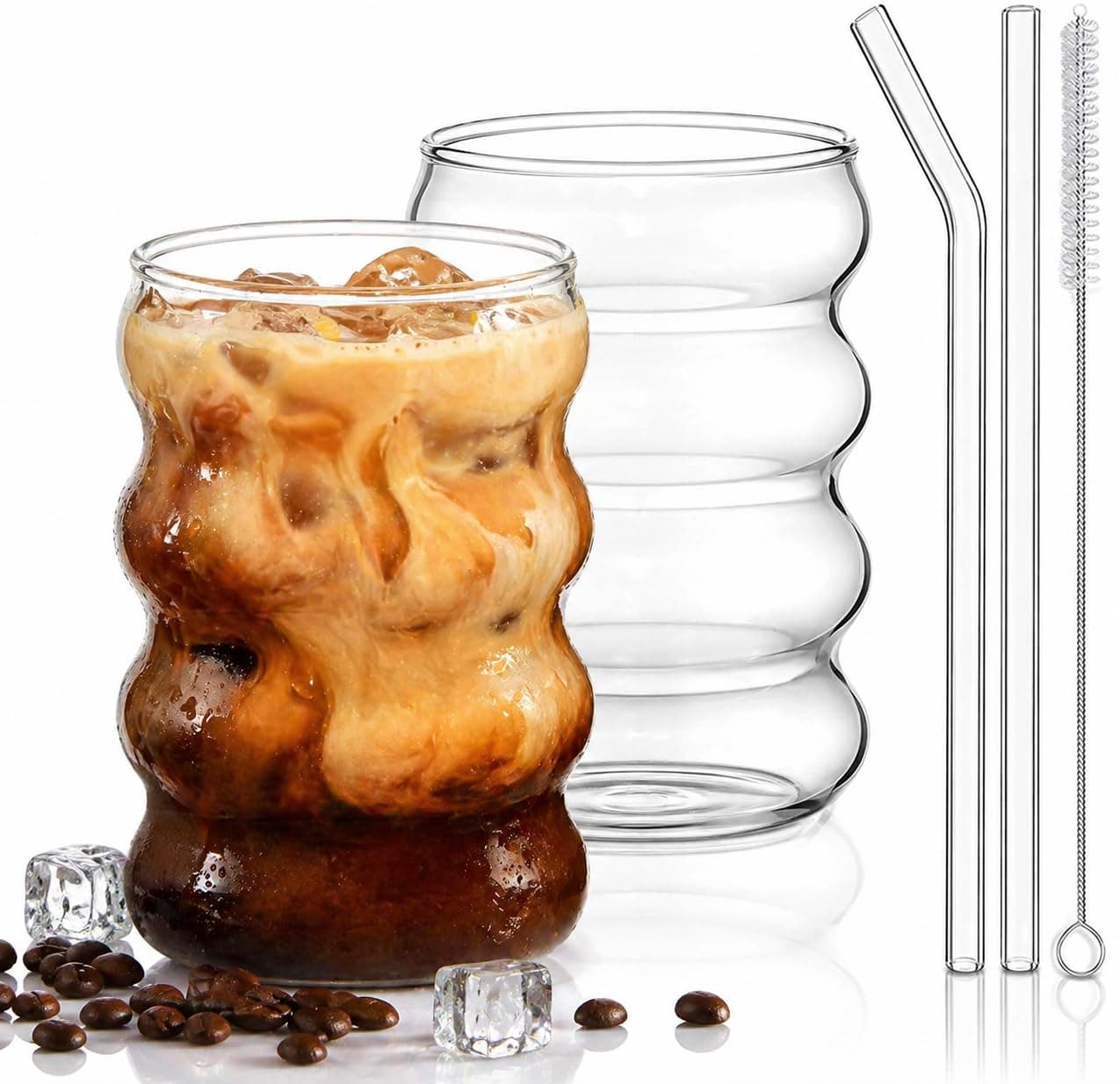 ALINK Kleine Gerippte Trinkgläser 350 ml Set aus 2, kompakte Bubble Trinkgläser 9,9 cm hoch mit Glasstrohhalmen und Reinigungsbürste, Wave Gläser, Wassergläser, Cocktail Gläser für Milk, Soda 350ML Angebot bei HelloDeals