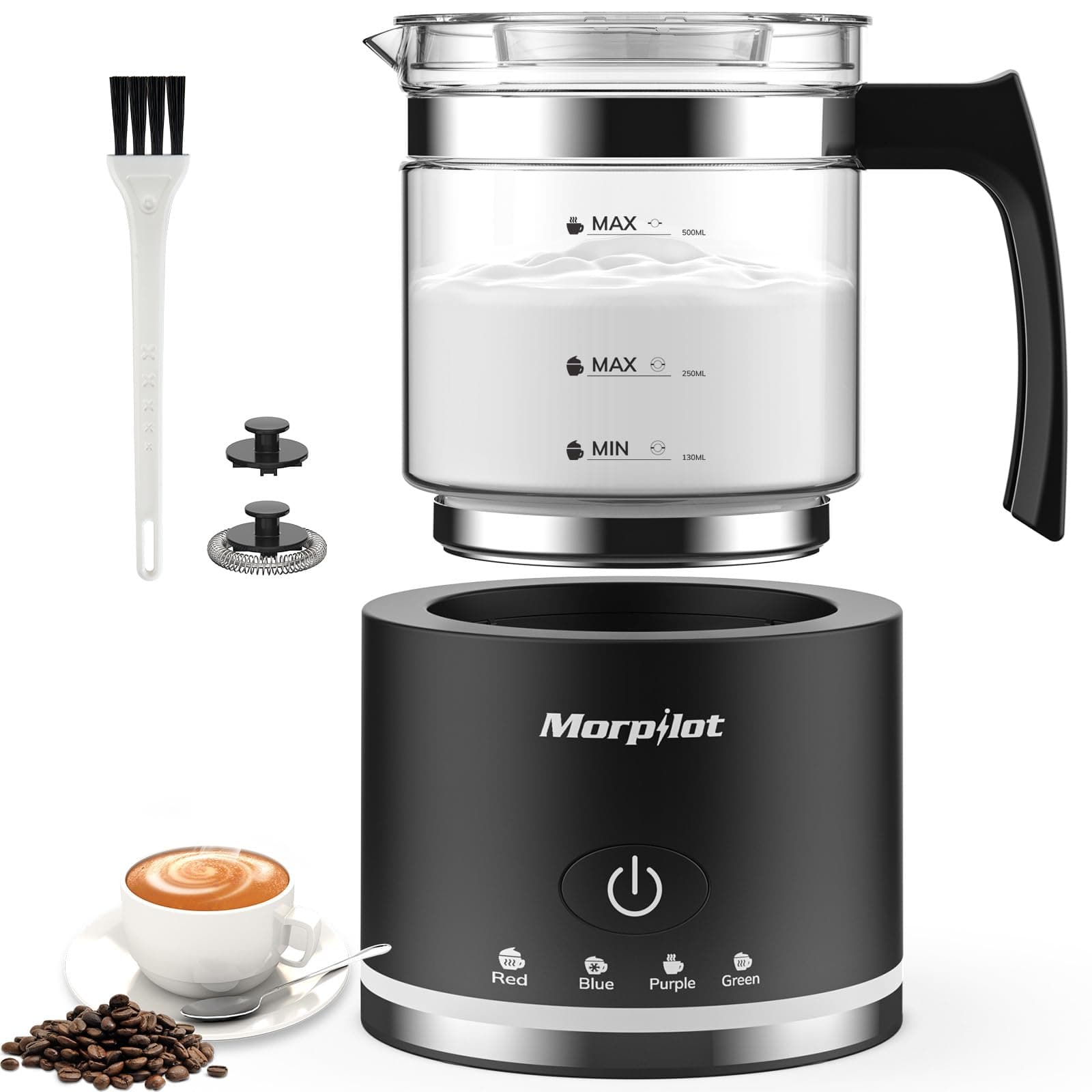 Morpilot Milchaufschäumer Elektrisch, 130-500ml 600W, 4 in 1 Milchschäumer für Heißer und Kalter, Spülmaschinenfest, Visuelles Glas, Latte-Design, Schwarz Glas Schwarz Angebot bei HelloDeals