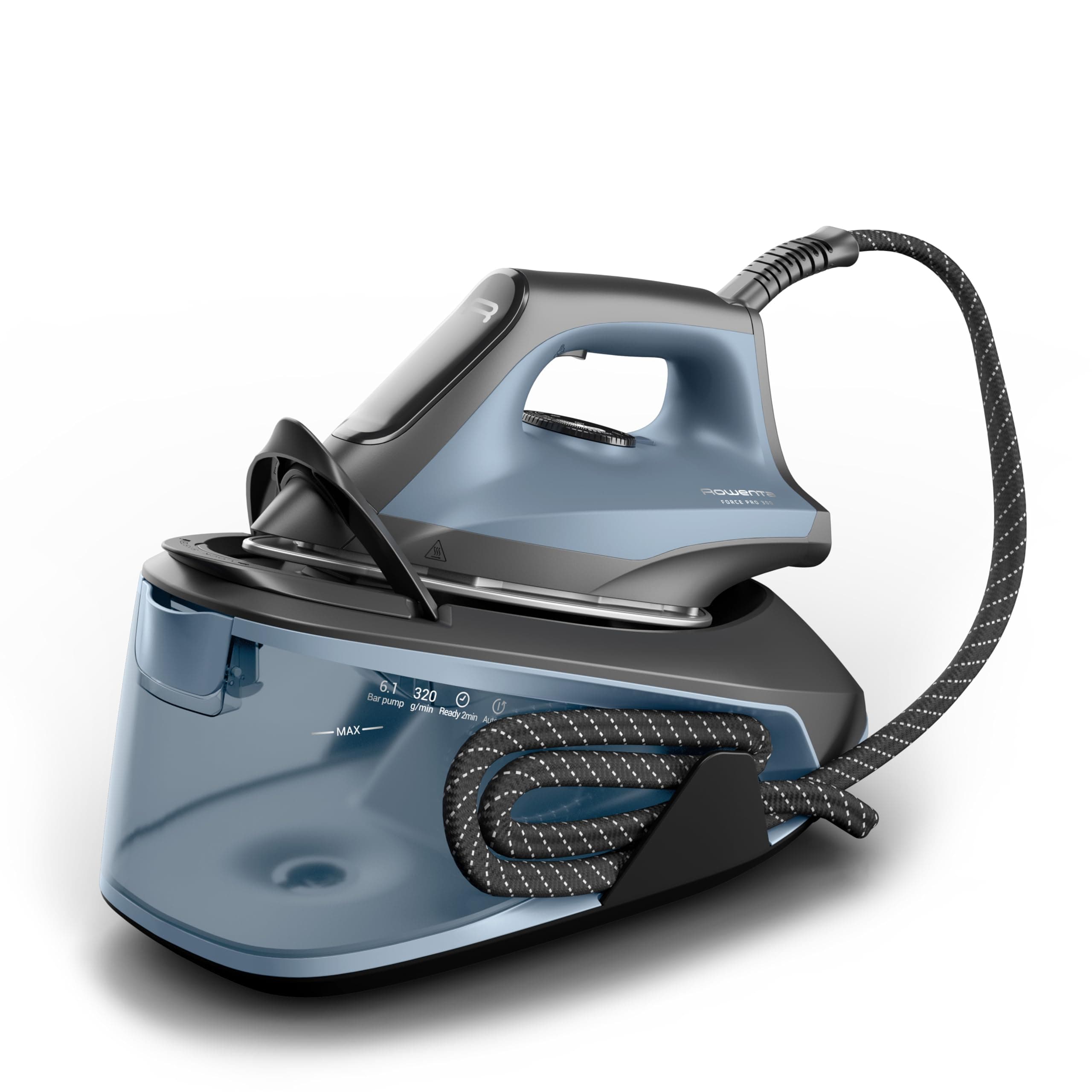 Rowenta Force Pro 300 Dampfbügelstation, 2400 Watt, 6,1 bar Pumpendruck, 110 g/min kontinuierliche Dampfabgabe, 320 g/min Dampfstoß, Eco-Modus, Vertikaldampf, schnell und effizient, Blau, VR5431F0 Angebot bei HelloDeals