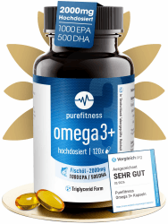 Purefitness Omega 3 Kapseln hochdosiert | 2000mg Fischöl mit 1000mg EPA & 500mg DHA | Nur 2 Kapseln täglich | 120 Softgels Triglycerid-Form | Clean Label | Laborgeprüft in Deutschland 120 stück (1er Pack) Angebot bei HelloDeals