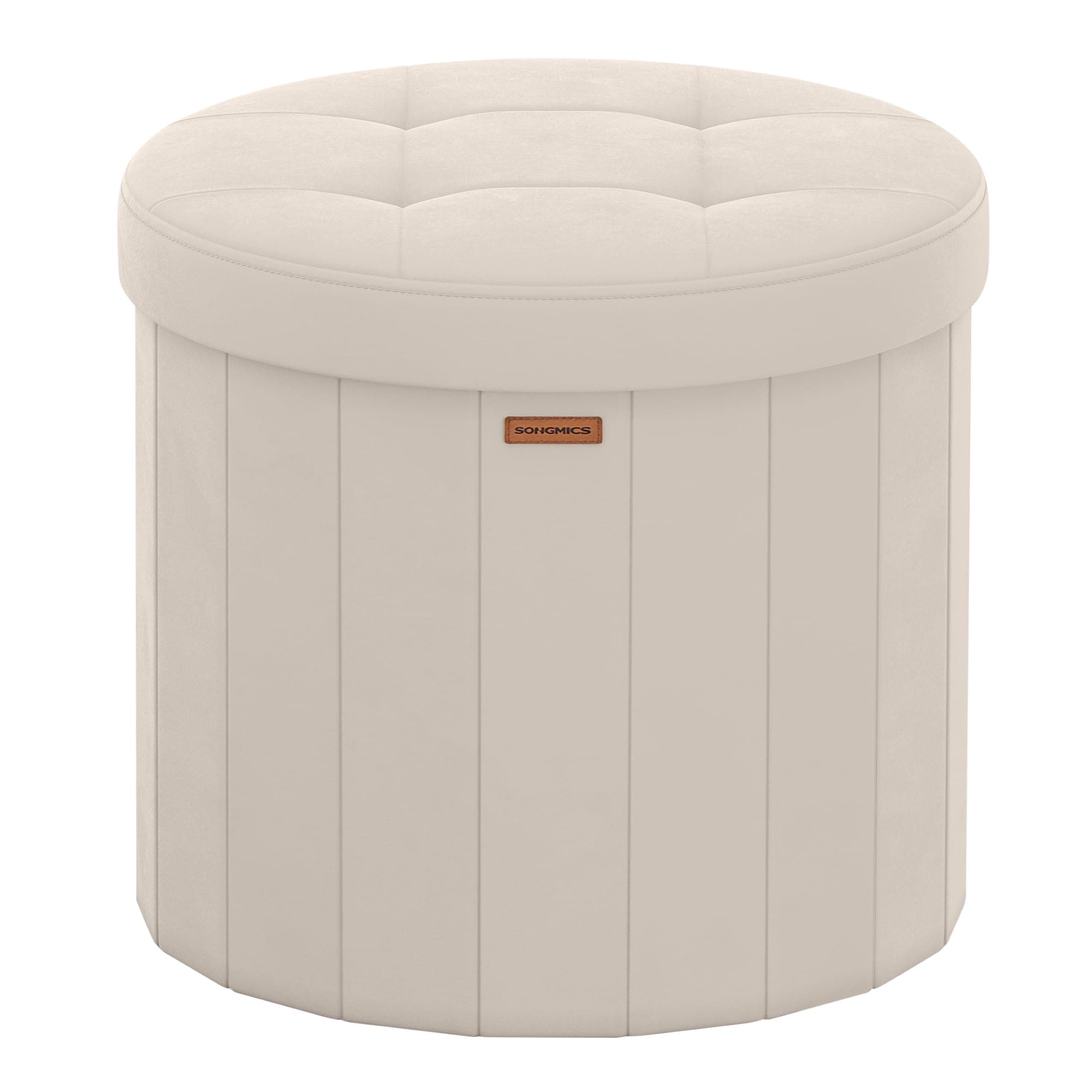 SONGMICS Mazie Kollektion – Sitzhocker rund, Fußhocker mit Stauraum, Faltbarer Hocker mit abnehmbarem Deckel, einfache Montage, Samt, Wohnheim, Schlafzimmer, Wohnzimmer, cappuccinobeige LSF608L01 Cappuccinobeige Samt Angebot bei HelloDeals