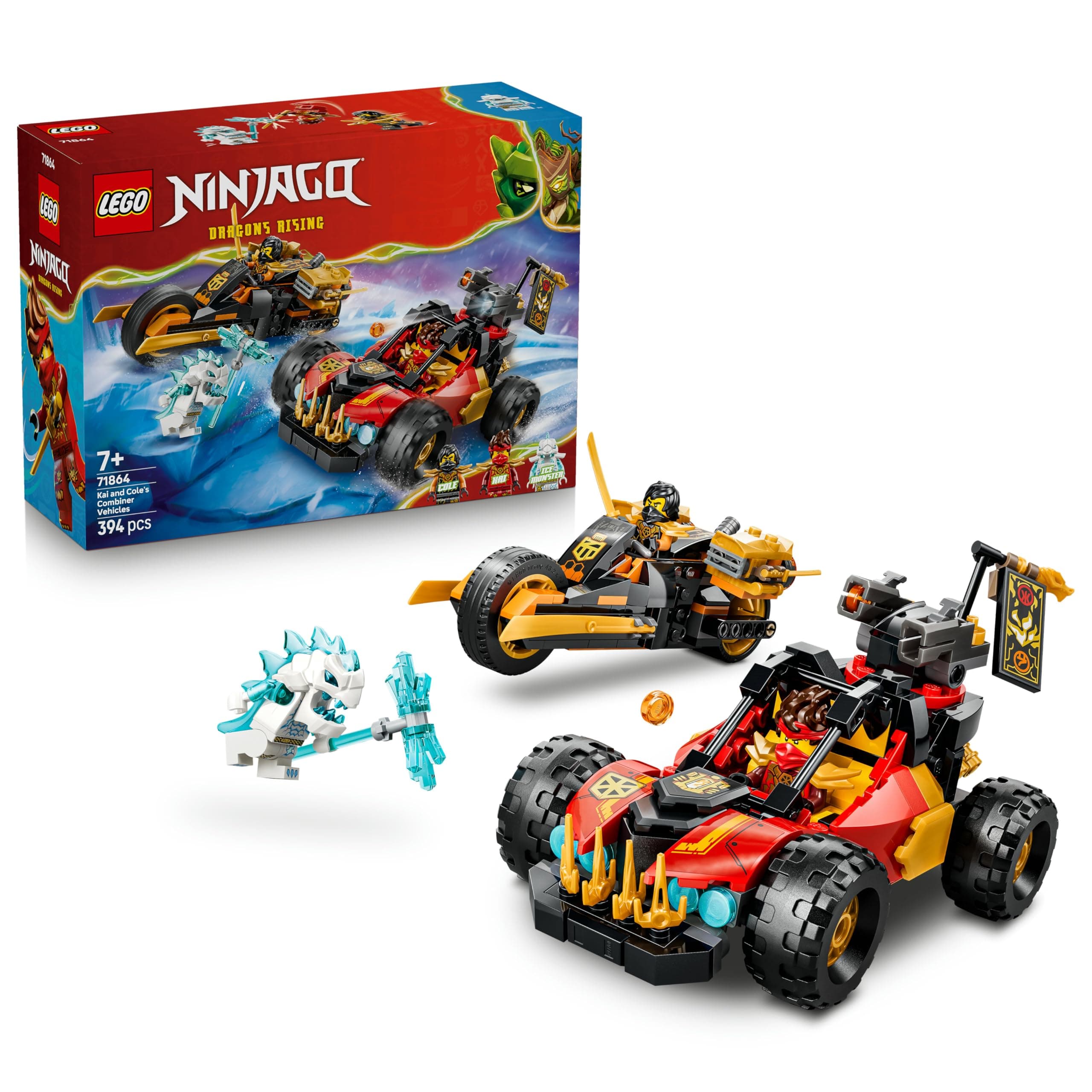 LEGO NINJAGO Kais und Coles Kombi-Flitzer - Ninja Spielzeug mit Auto, Motorrad, 3 Minifiguren inkl. Kai & Cole mit Katanas - Geschenkidee für Jungen ab 7 Jahren und Dragons Rising Fans - 71864 Angebot bei HelloDeals