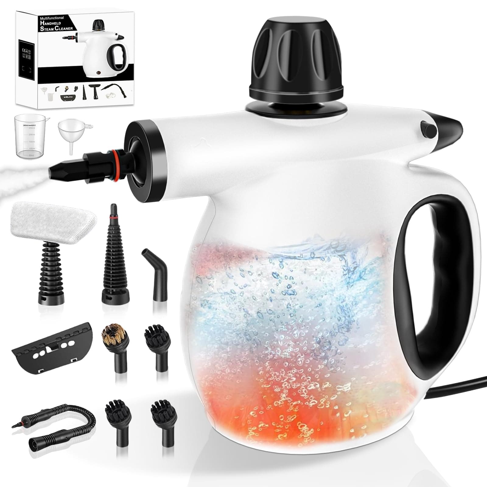 Dampfreiniger Handgerät, Handdampfreiniger 350ML 1300W Reinigungsdampfer, Tragbarer Mehrzweck-Dampfreiniger mit Sicherheitsschloss und 12-teiligem Zubehör-Set zum Entfernen von Schmutz, Fett Weiß Schwarz Angebot bei HelloDeals