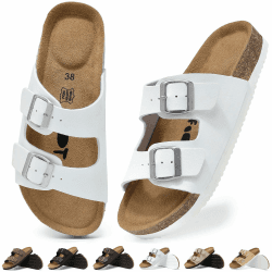 Wizshoe Pantoletten Damen Korkfußbett Sandale Clogs Leder Slide Gr.36-42 | Schlupfsandalen Hausschuhe Sandalen Strand mit Verstellbarer Schnalle Frauen Latschen Memory-Schaum Bequem 39 EU Weiß Matt Angebot bei HelloDeals