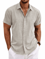 COOFANDY Leinenhemd Herren Kurzarm Hemd Button Down Regular Fit Freizeithemden Sommer Strand Leinen Shirt 4XL Champagnerfarbe Angebot bei HelloDeals