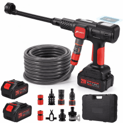 Akku Hochdruckreiniger, 240W bürstenloser Motor, 80 Bar Maximal Druck, Direkter Wasserhahnanschluss+Absperrventil, 2x4000mAh Akku, 4 Druckstufen, 7-in-1 Düse+Schaumtank – für Auto, Terrasse, Haus Angebot bei HelloDeals