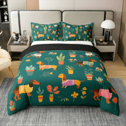 100% Baumwolle Grüner Dackel Bettbezug 135x200,Bunte Blumen Blume Tröster Abdeckung,Cartoon Wurst Hundebettwäsche Set,Garten Pastoral Bettbezug für Schlafzimmer Dekor,Weicher Komfort Grün Gelb 135*200+80*80*1 Angebot bei HelloDeals