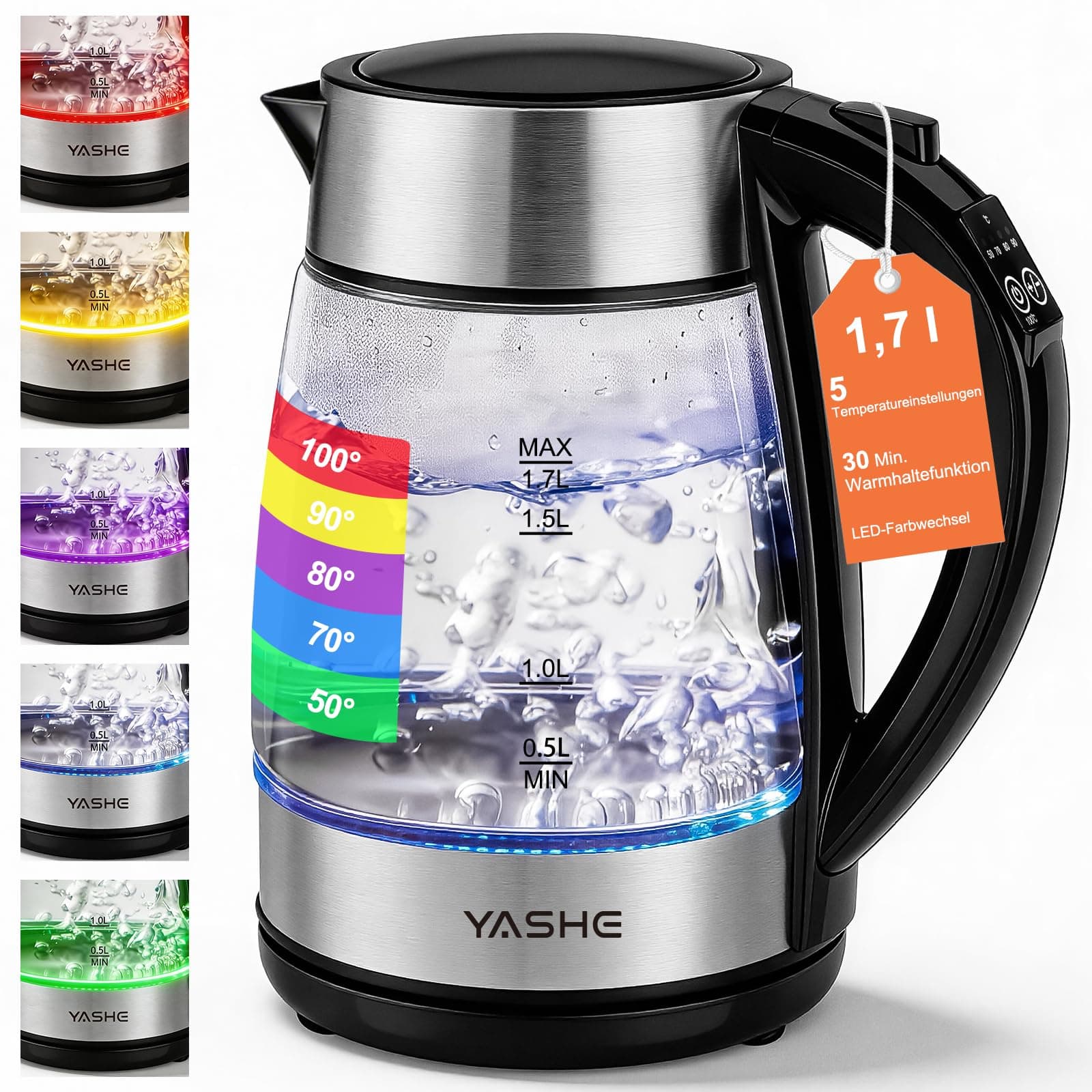 YASHE Wasserkocher Mit Temperatureinstellung 1,7L 2200W Glas | 5 Temperaturstufen, 5 Farben LED, 30 Min Warmhaltefunktion, Kabellos, Kalkfilter, Abschaltautomatik 1.7 Liter Transparent Angebot bei HelloDeals
