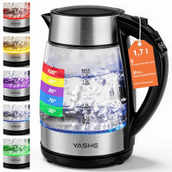YASHE Wasserkocher Mit Temperatureinstellung 1,7L 2200W Glas | 5 Temperaturstufen, 5 Farben LED, 30 Min Warmhaltefunktion, Kabellos, Kalkfilter, Abschaltautomatik 1.7 Liter Transparent Angebot bei HelloDeals