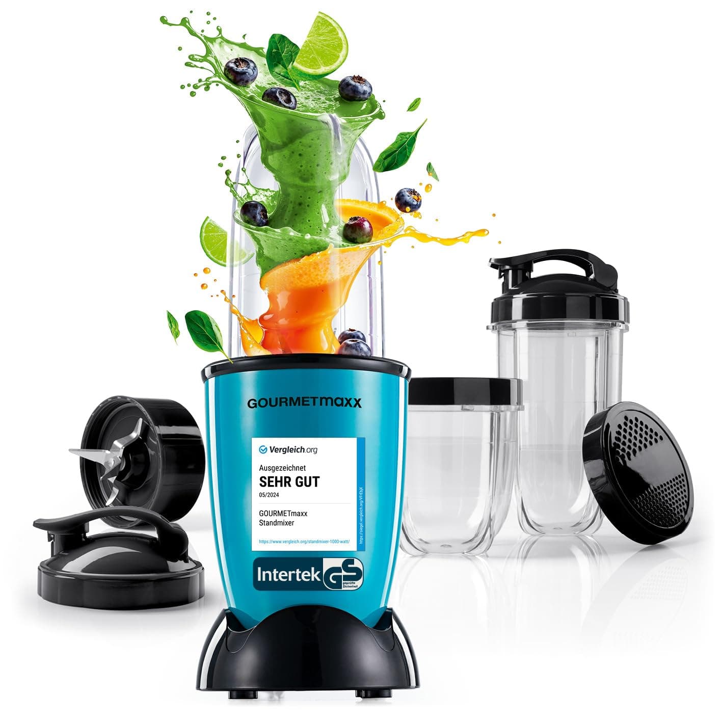 GOURMETmaxx Mr. Magic Power Pro Mixer 400 Watt | Smoothie Maker mit to go Deckel | Standmixer mit Mixbecher & Frischhaltedeckel zum Aufbewahren | Blender mit Zubehörset L für Shakes, Smoothies etc. Angebot bei HelloDeals