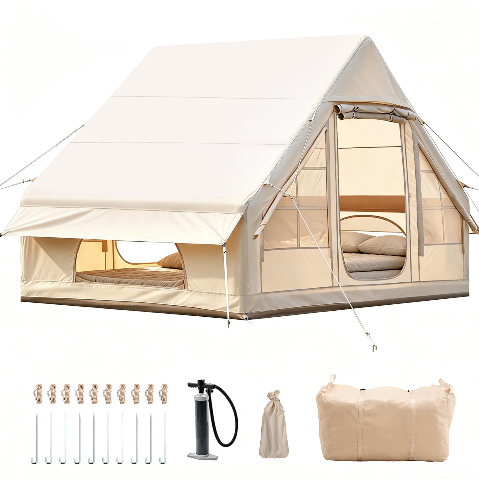 Aufblasbares Campingzelt mit Kaminöffnung & Dachfenster, Aufblasbare Zelt für 2-10per mit Luftpumpe, Zelt Aufblasbar aus Wasserdichtem Oxford-Stoff für Jahreszeiten, Schneller Aufbau Luftzelte 2-4 Personen Angebot bei HelloDeals