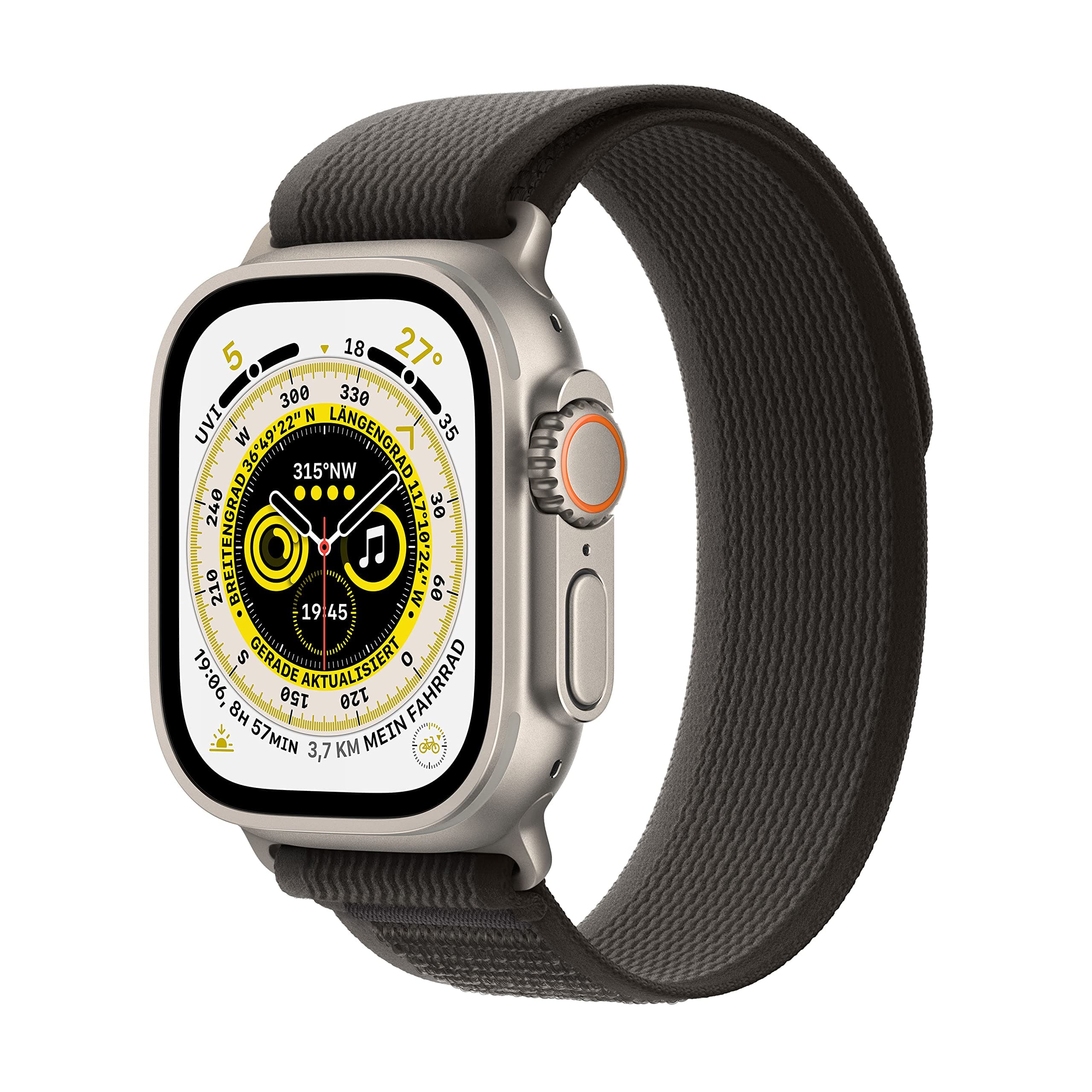 Apple Watch Ultra (GPS + Cellular mit 49mm) Titangehäuse mit Trail Loop Schwarz/Grau - M/L (Generalüberholt) Angebot bei HelloDeals