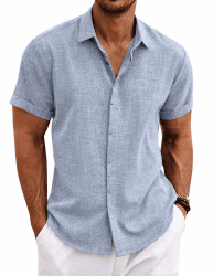 COOFANDY Leinenhemd Herren Kurzarm Hemd Button Down Regular Fit Freizeithemden Sommer Strand Leinen Shirt M Helles Jeansblau Angebot bei HelloDeals