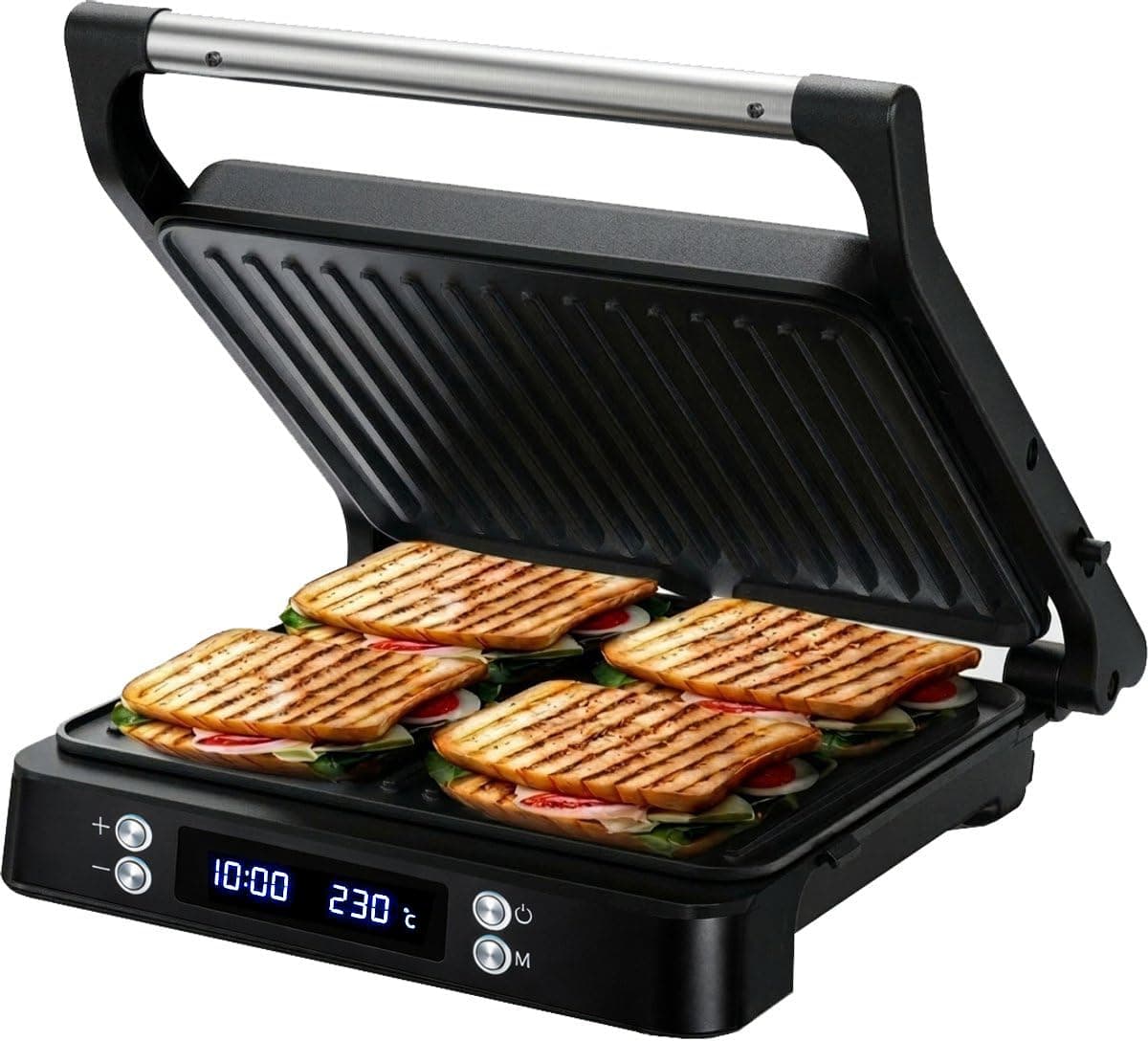 Olvy Sandwichmaker XXL, Digitaler Kontaktgrill mit Antihaftplatten, 3-in-1 Panini Maker, 180° offener Grill, einstellbare Temperatur, Timer, große Kochfläche, Cool-Touch-Griff Black Angebot bei HelloDeals