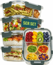 uandu Glasbehälter mit Deckel 10-teilig – Meal Prep Boxen Glas 2 Fächer | 5 Behälter + 5 Deckel, 950 ml, Borosilikatglas, Auslaufsichere Frischhaltedosen, Mikrowellengeeignet, Gefriergeeignet Anthrazit 5 - Mit Fächern Angebot bei HelloDeals