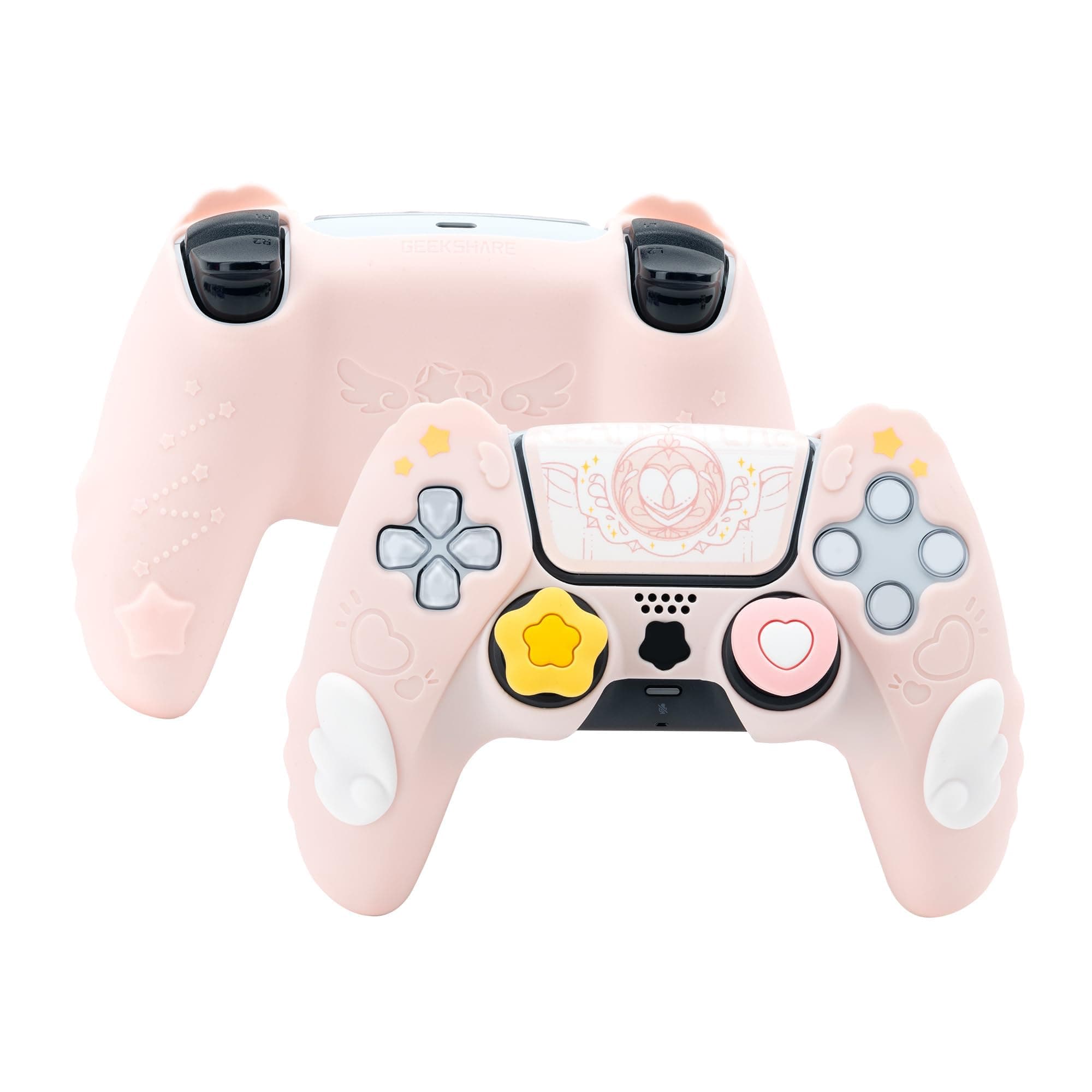 GeekShare Niedliches PS5-Controller-Hautgriff-Set, rutschfeste Silikon-Schutzhülle, Joystick-Kappen für PS5 Wireless Controller-Zubehör-Set, Sternflügel (rosa) Angebot bei HelloDeals