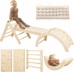 7-in-1 Montessori Kletterdreieck Set mit Rutsche, Kletterbogen & weichem Kissen – Holz Klettergerüst für Babys & Kleinkinder ab 1–3 Jahre, Indoor Spielgerät, faltbar & sicher (Naturholzfarbe) Angebot bei HelloDeals