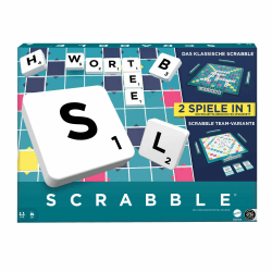MATTEL GAMES Scrabble Zwei in Eins - Doppelseitiges Brettspiel für schnelles, zwangloses und kooperatives Spiel, inklusive 50 Zielkarten für Scrabble Together, einfache Punktevergabe, HWD45 Deutsch Angebot bei HelloDeals