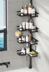 KEGII Duschablage ohne Bohren - Teleskop Duschregal Ecke 4 Stück, Schwarz | Teleskopregal Eckregal, für Bad und Badewanne, Einfache Montage, Höhenverstellbar 63,5-290 cm, Mit Haken Schwarz 4 tier Angebot bei HelloDeals