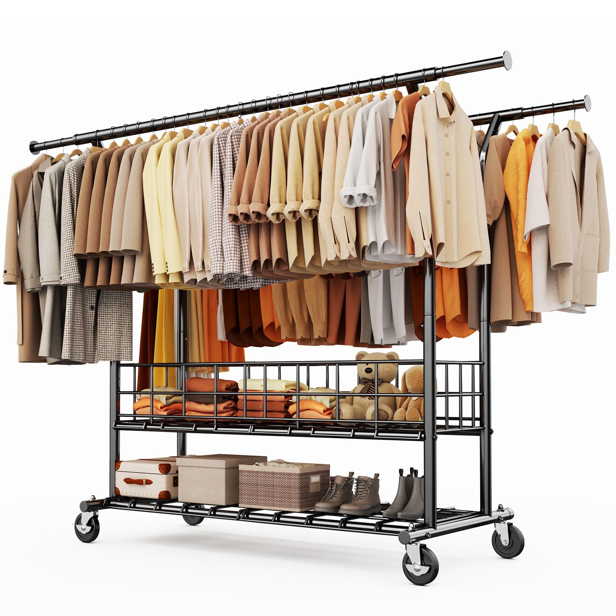 HOKEEPER Doppel-Kleiderständer 283kg auf Rollen | Kleiderstange, Schwerlast, 4 Rollen, 2 feststellbar, einfache Montage, langlebig, Doppelter Kleiderstange D004-K Angebot bei HelloDeals