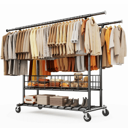 HOKEEPER Doppel-Kleiderständer 283kg auf Rollen | Kleiderstange, Schwerlast, 4 Rollen, 2 feststellbar, einfache Montage, langlebig, Doppelter Kleiderstange D004-K Angebot bei HelloDeals